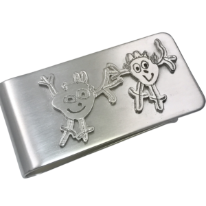 Money clip featuring a replica of your own drawing carefully cut out to save your childrens imagination for eternity