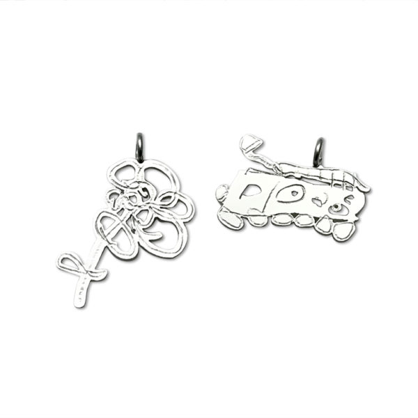 bracelet charm or many charms from artwork train or flower drawn by girls or boys in any age