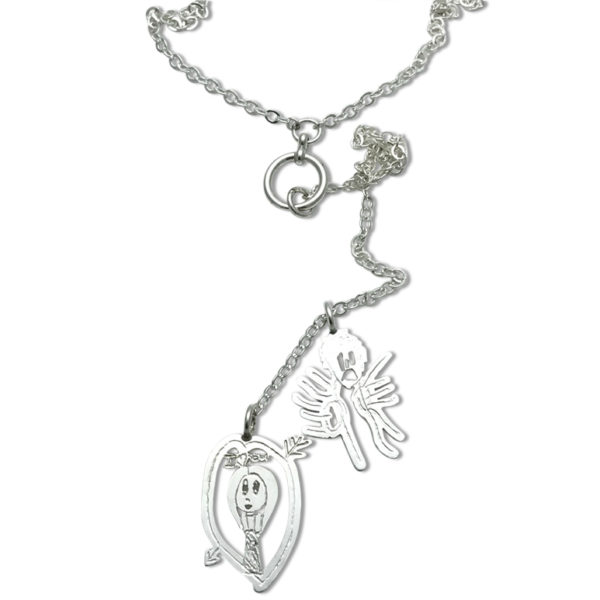 kids art lariat necklace with charms designed by children long finger figure and person in heart