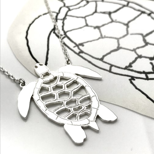 Turtle artwork as attached pendant necklace in sterling silver