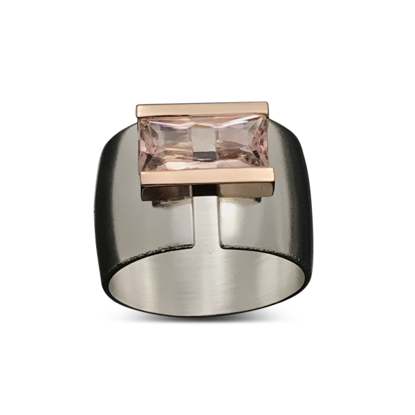 Pink Line Across Ring - Contemporary and edgy wide ring perfectly enhanced with a long narrow pink baguette cut Morganite fits the brave woman with style