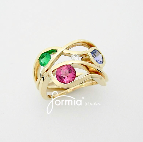 Wave ring design 14k yellow gold birthstone ring from 4 grandchildren's different months pink tourmaline October Emerald May sapphire september and diamond