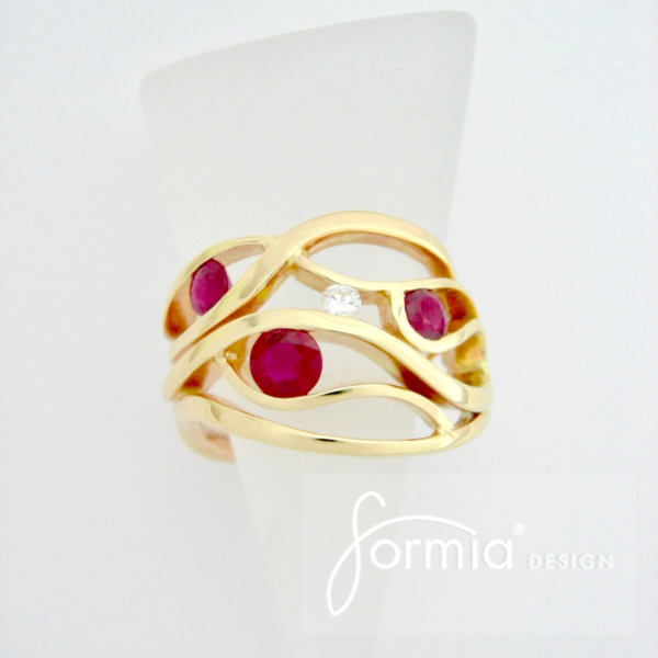Wave ring design 14k yellow gold with rubies and one diamond