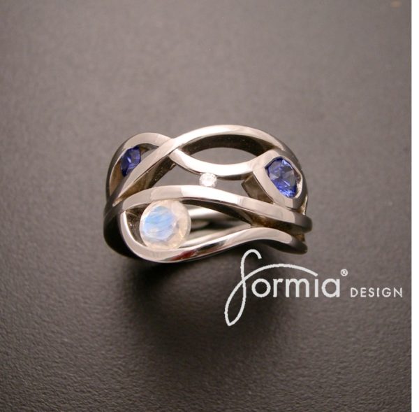 Wave ring design Platinum and birthstone sapphire, moonstone and diamond