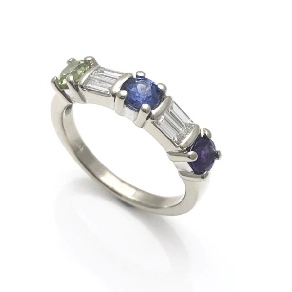 Birthstone diamond anniversary ring, baugette cut diamonds and round birthstones for color