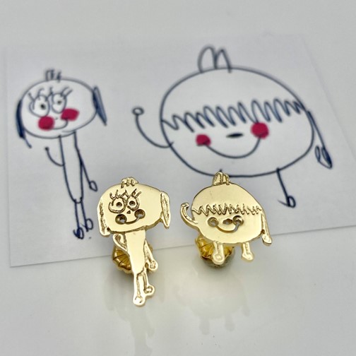 Gold stud earrings from drawing of imaginary characters