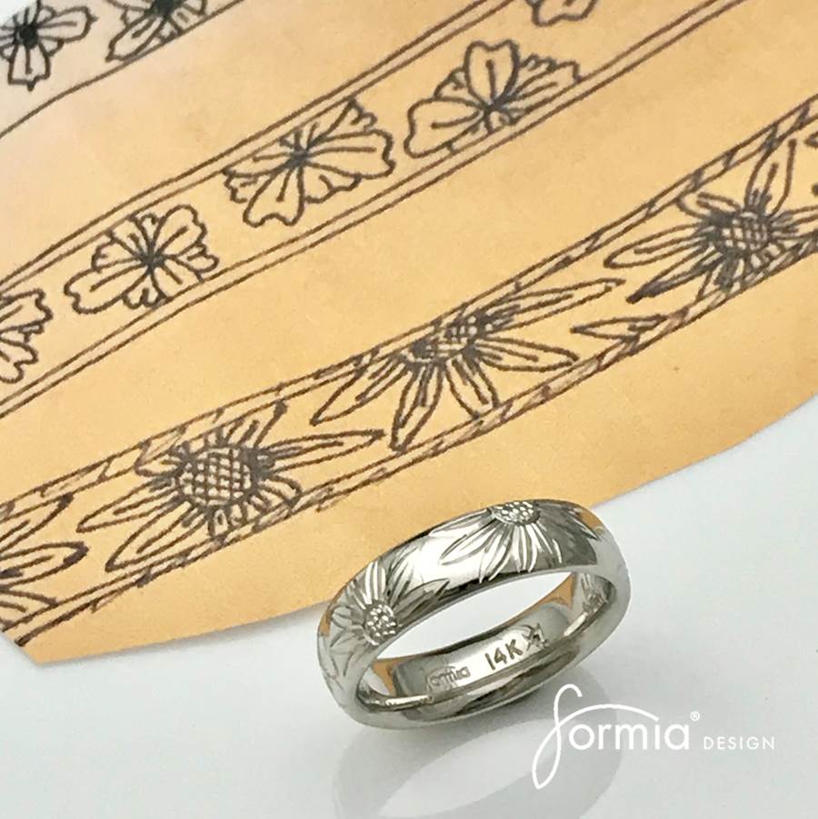 Custom designed ring, stickel engraved wedding band with drawn flowers by the groom