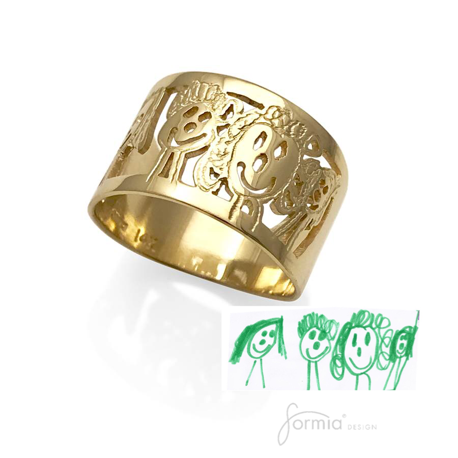 New artwork gold ring, your childs family drawing captured in 14k gold