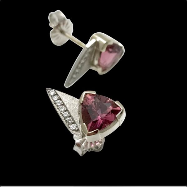 Triangular pink tourmaline stud earrings with brilliant cut diamonds