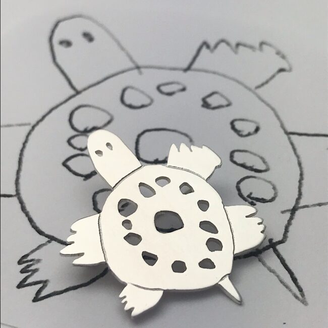turtle art silver brooch for animal loving kids and their moms
