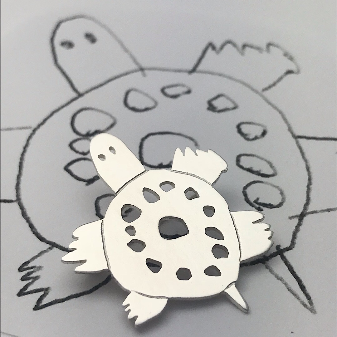 turtle art silver brooch for animal loving kids and their moms