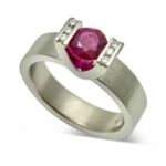 Ruby tension set ring , Brave ring design ruby and diamonds 14k white gold