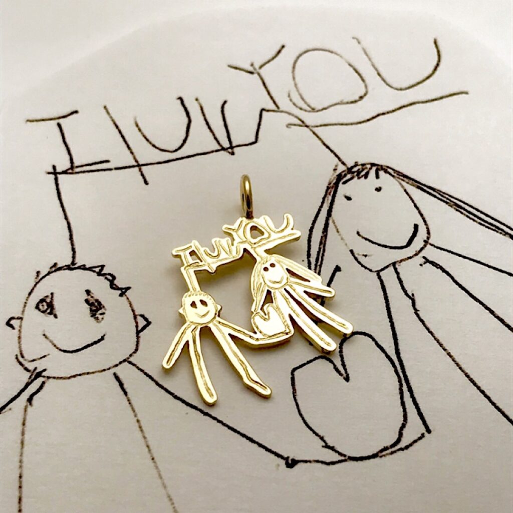 i luv you gold charm with stick figures