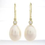 Drop pearl dangle earrings with accent diamond 18k yellow gold
