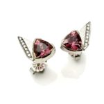 Triangular Stud earrings with pink trillion cut torumalines and bead set diamonds