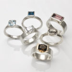 Rings with gemstones, smokey quartz, aquamarine, tourmaline, topaz