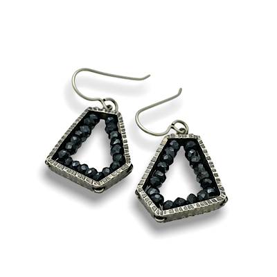 Geode Pentagon Earrings spinel, Sterling silver handmade earrings with black spinel stones in pentagon shape design by Erica Stankwytch Bailey