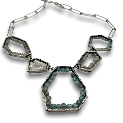 Fragments necklace bead gemstones sterling silver , white sapphires, labradorite, Apatite Design by Erica Stankwytch Bailey
