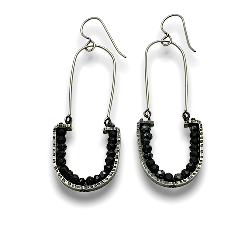 Geode Arch dangle earrings designed by Erica Stankwytch Bailey Sterling silver earrings with facetted black spinel gemstones