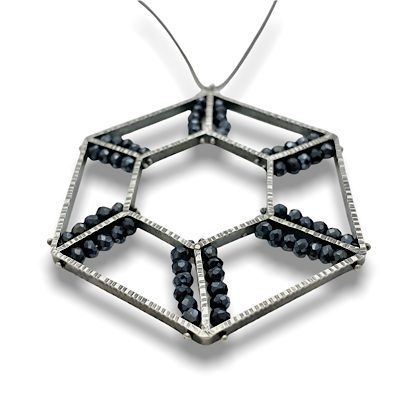 Hexagonal Pendant large in sterling silver with black spinel gemstones on a long chain, jewelry design by Erica Stankwytch Bailey