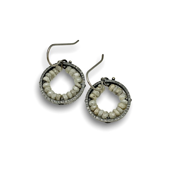 Geode circle White Sapphire earrings sterling silver with white sapphire beads approx. 3/4" dangle