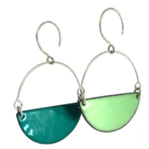 Mood moon hoop earrings. blue teel green enamel and silver ear wire