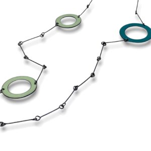 3 open circle necklace, enameled in teal and green colors for the fashionable effect in a long necklace, design by Annie @ Coppertide