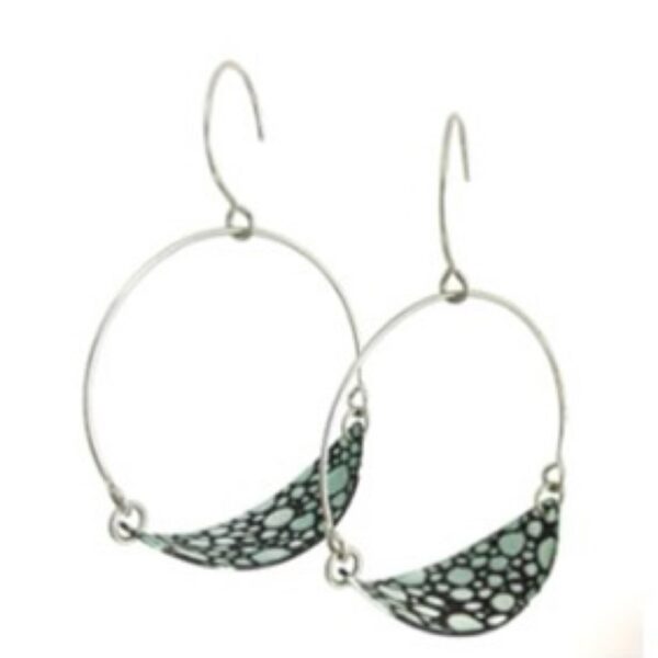 Dangle swoop hoops Xylem, sterling silver earrings with cool blue enamel with attractive pattern.