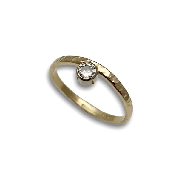 Curved gold stack ring single diamond in bezel setting, hammered gold band