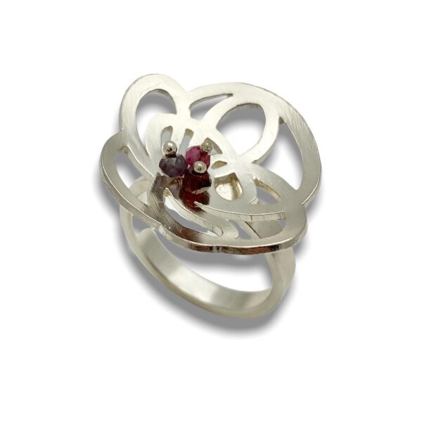 Garnet flower scribble ring created by hand from a scribble drawing and added garnet beads