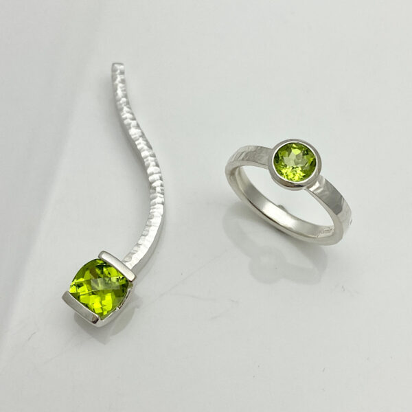 Green peridot pendant and stack ring, August birthstone jewelry limited edition one of a kind