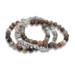 Triple strand marbled bracelet, botswana agate and keshi shaped gray freshwater pearls