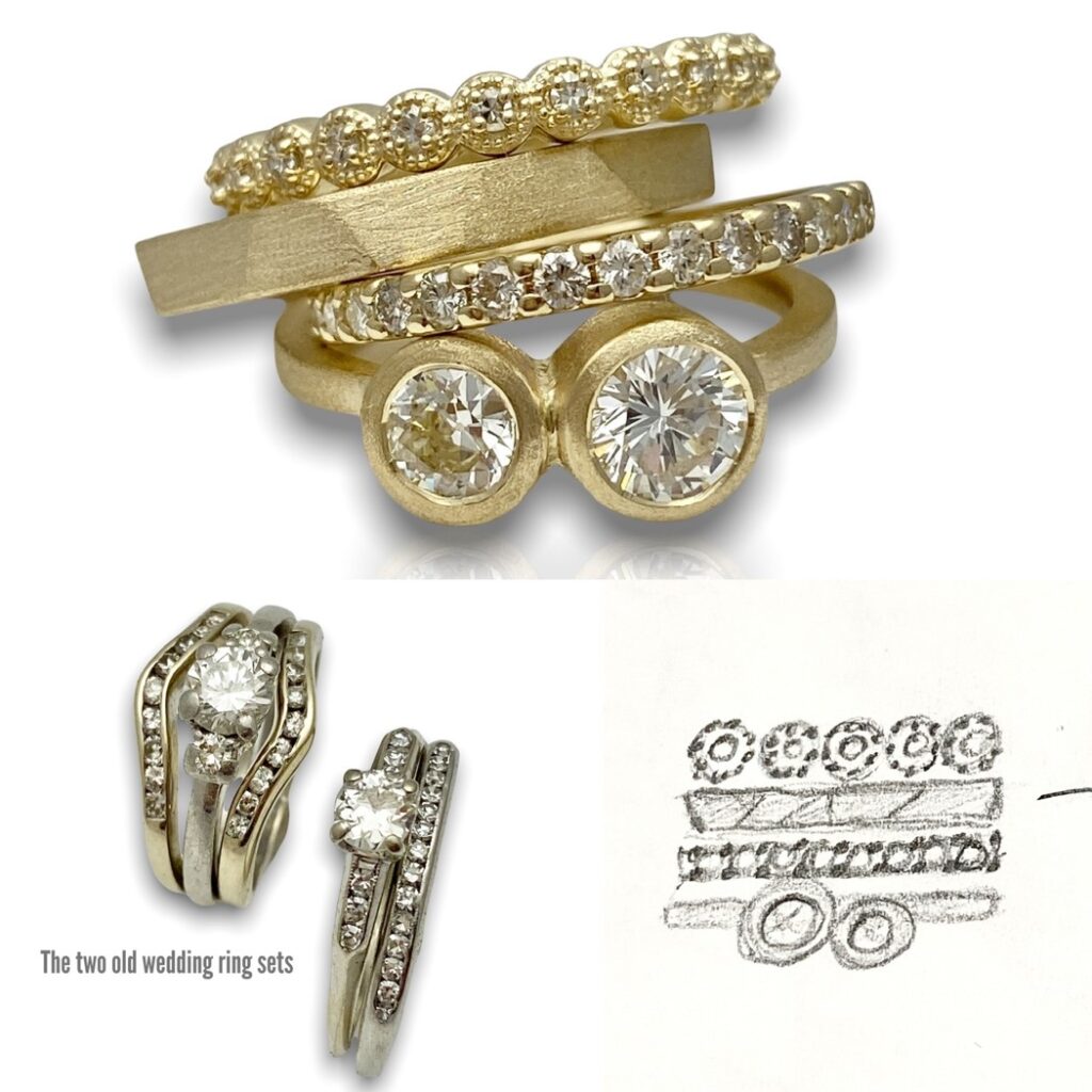 Two wedding ring sets transformed into a set of whimsical diamond rings