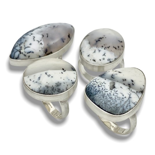 White Moss Agate Rings silver bezel rings