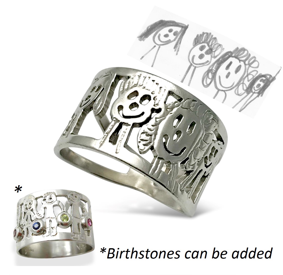 family ring from kids artwork with birthstone options