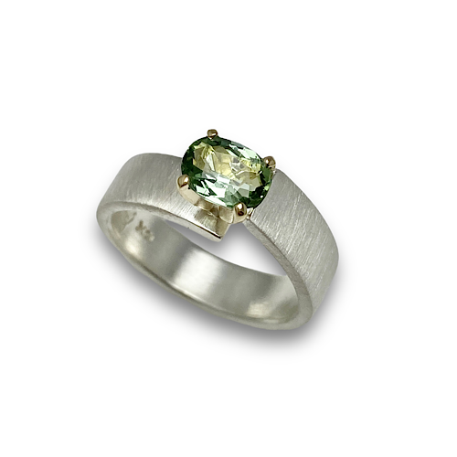 Unlined green tourmaline ring, sterling silver with 14k yellow gold prong setting for oval cut green tourmaline, handmade ring of quality