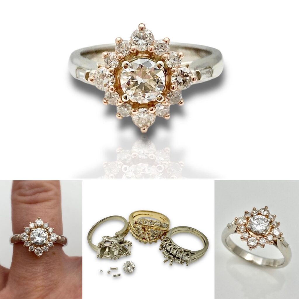 Redesign diamonds from 3 family rings into star burst halo setting rose and white gold