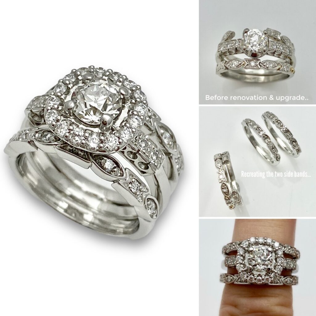 Restored vintage rings and added halo for wedding ring set - redesign Platinum